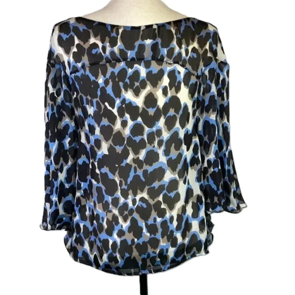 Robert Cavalli Blue Black Leopard Print Silk Blouse Bell Sleeve Sheer Size XS - Picture 4 of 13